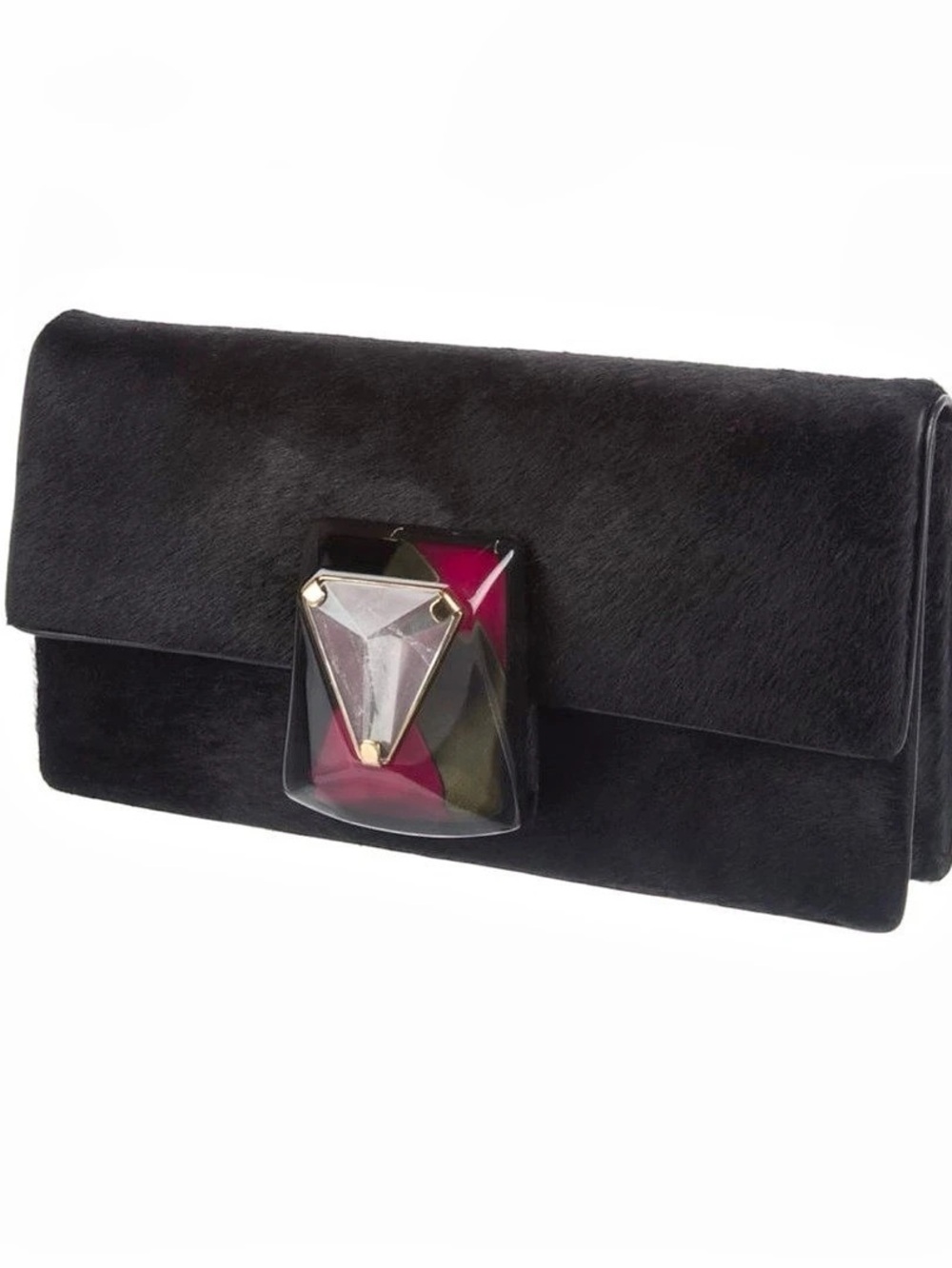 Giorgio Armani Calf Hair Embellished Clutch Black & Red Satin